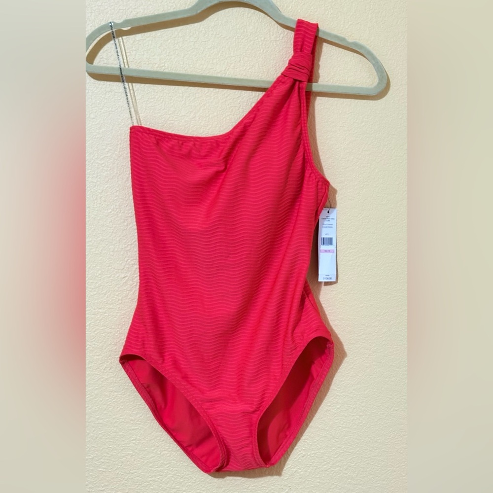 Carmen Marc Valvo Women One-Shoulder Papaya Swimsuit Size 10 Open Back NWT